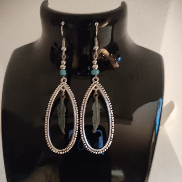 Silver Teardrop Dangle Earrings with Turquoise Feather Charms - Picture 3 of 6